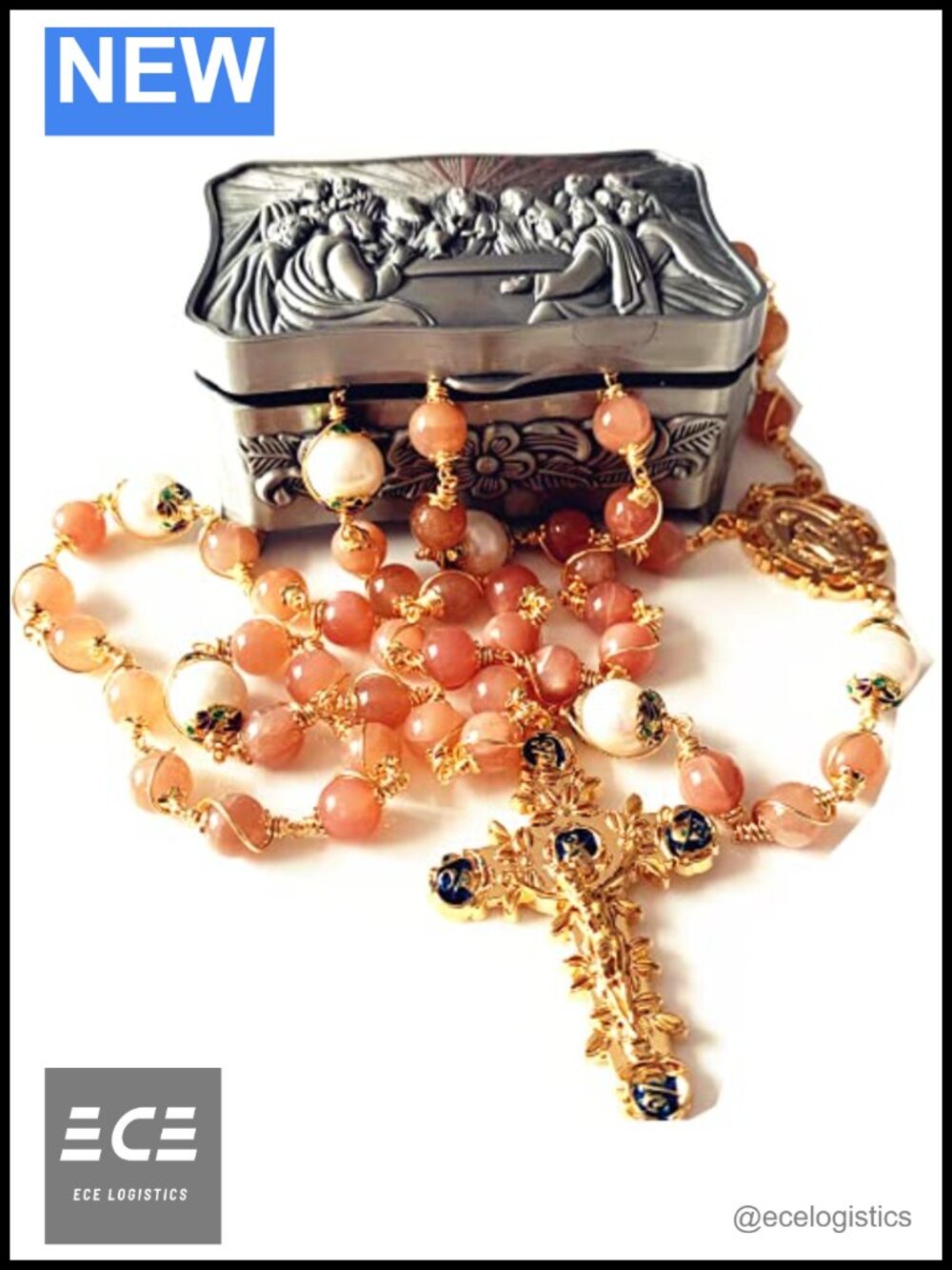 Handmade Wire Wrapped Orange Moonstone 10mm Real Pearl Beads Rosary Cross